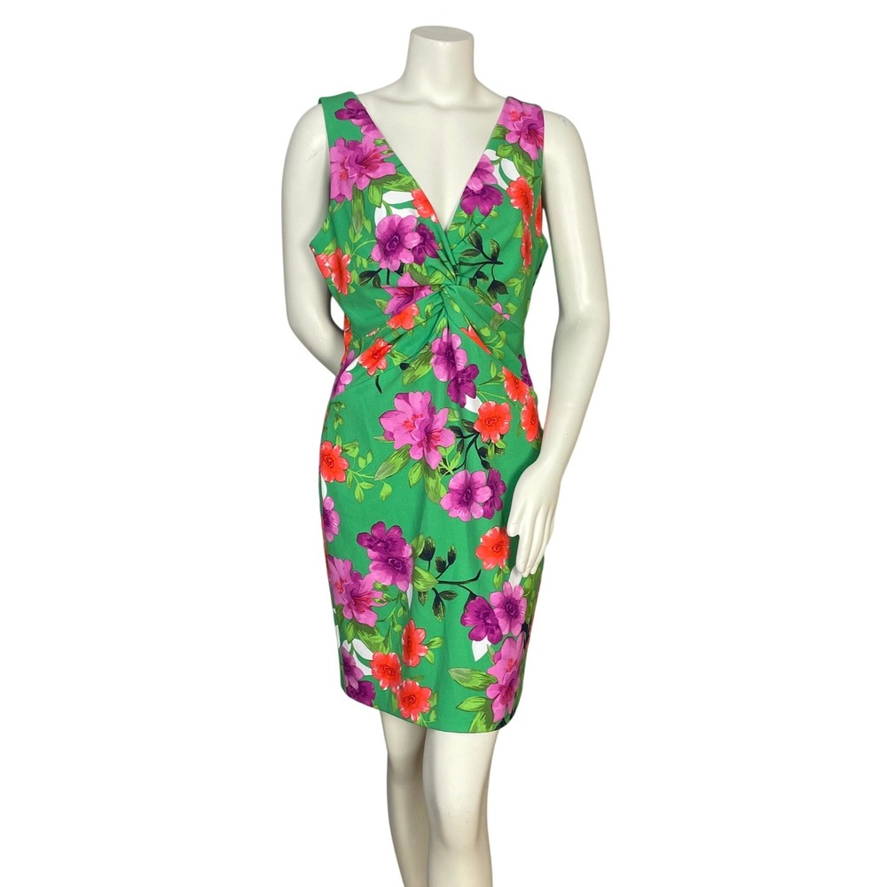 Guess Sheath Dress Twist Front Sleeveless Green Floral V-Neck Sz 12 Garden Party